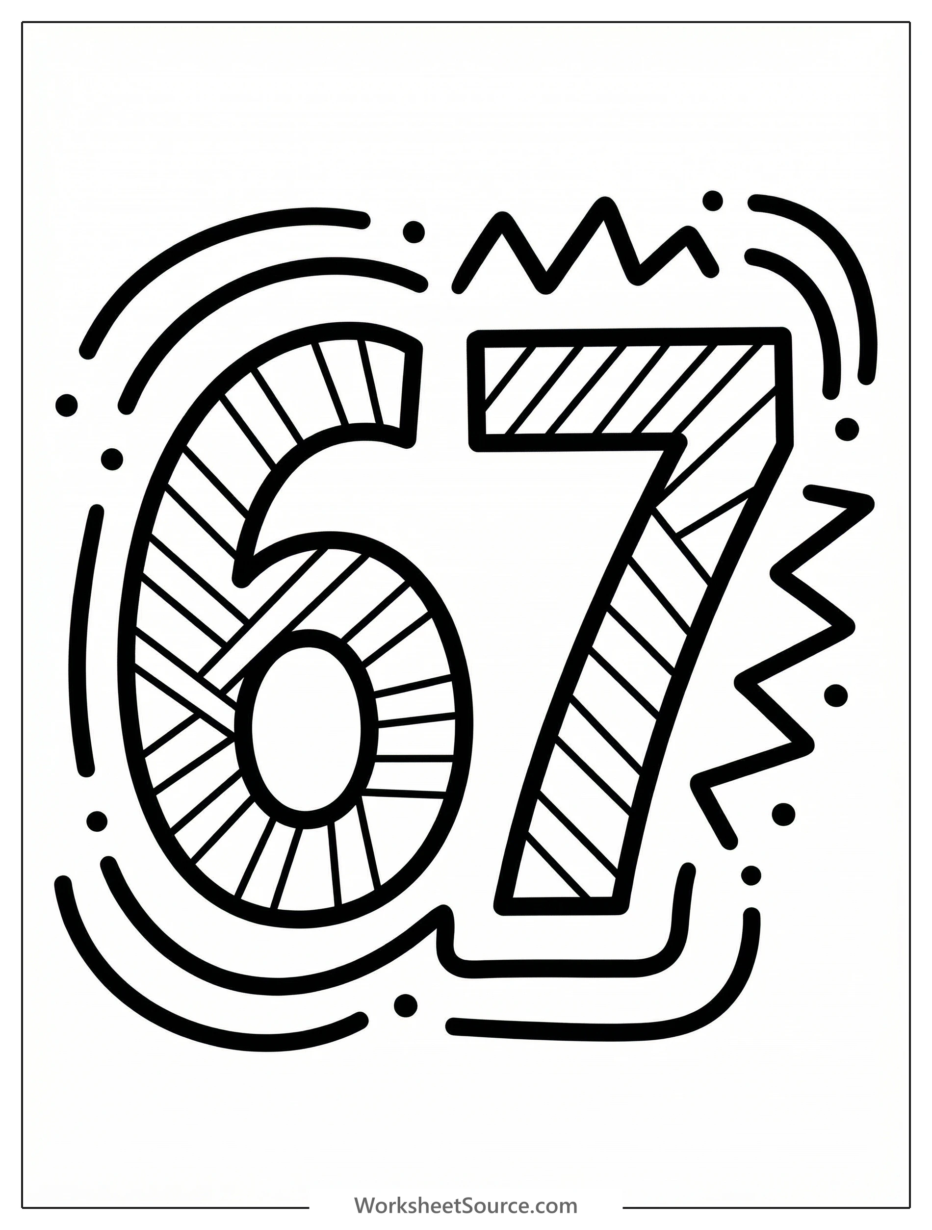 A large, bold number 67 outlined for coloring, surrounded by a dynamic pattern of stripes and lines, creating an engaging visual for artistic expression.