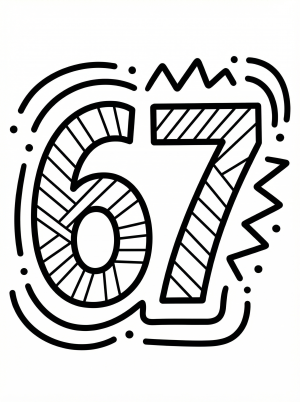 A large, bold number 67 outlined for coloring, surrounded by a dynamic pattern of stripes and lines, creating an engaging visual for artistic expression.