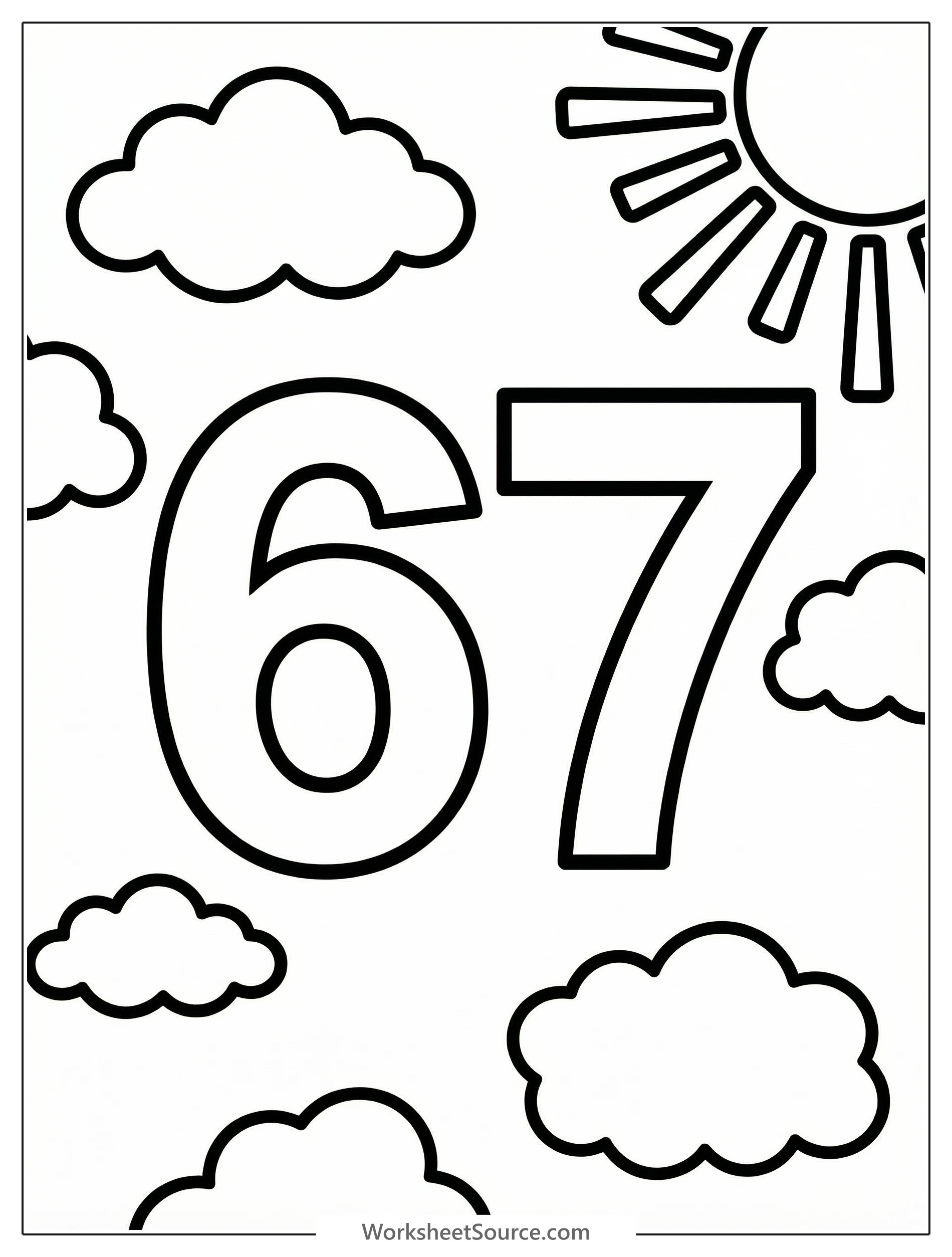 Bold number 67 outlined for coloring, surrounded by a smiling cartoon sun in the upper right and two fluffy clouds in the lower left.