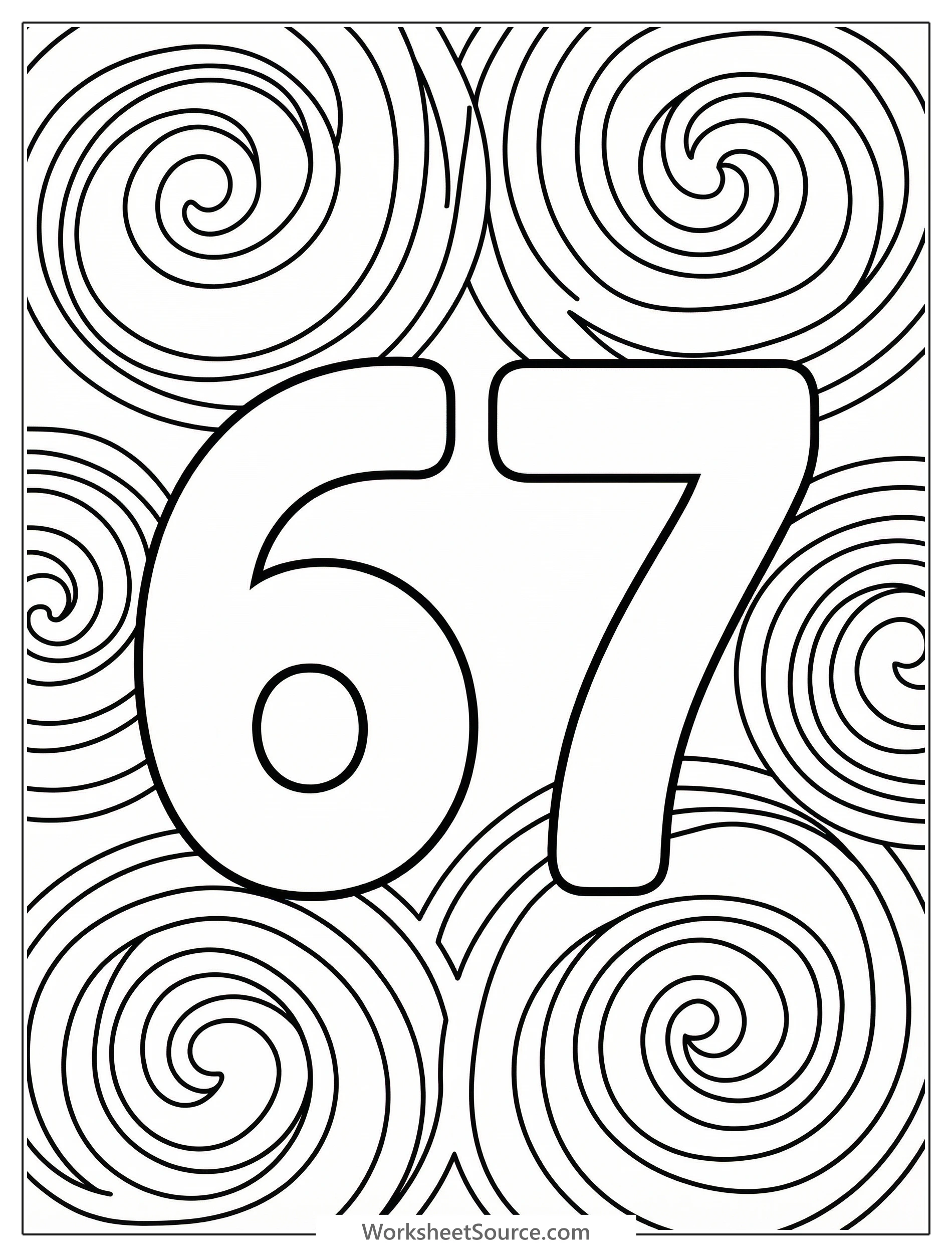 Bold number 67 outline for coloring, surrounded by intricate swirling and spiraling patterns, designed to engage young learners in a fun art activity.