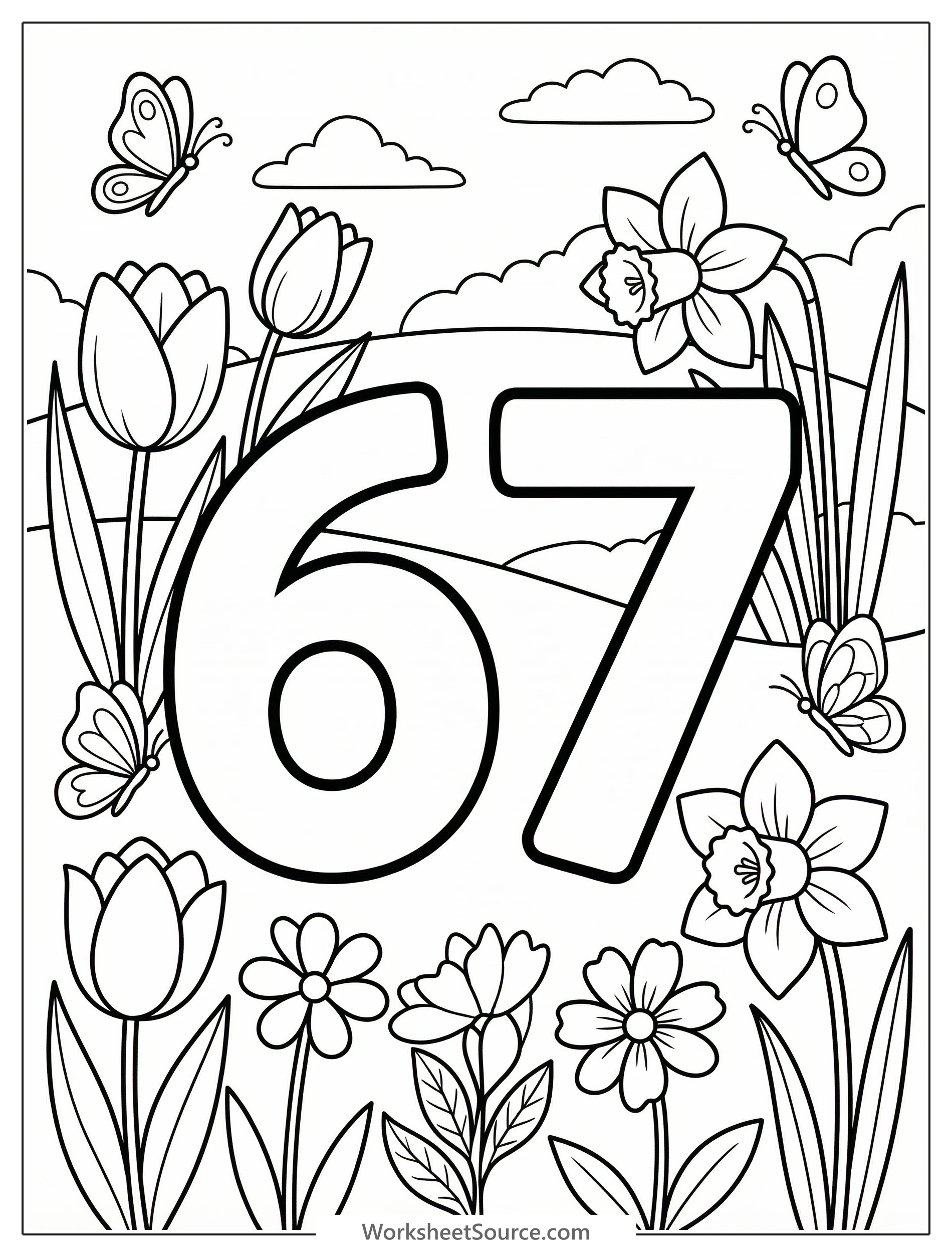 A large, bold number 67 outlined for coloring, surrounded by blooming tulips, daffodils, and other vibrant spring flowers. The scene features playful leaves and swirls.