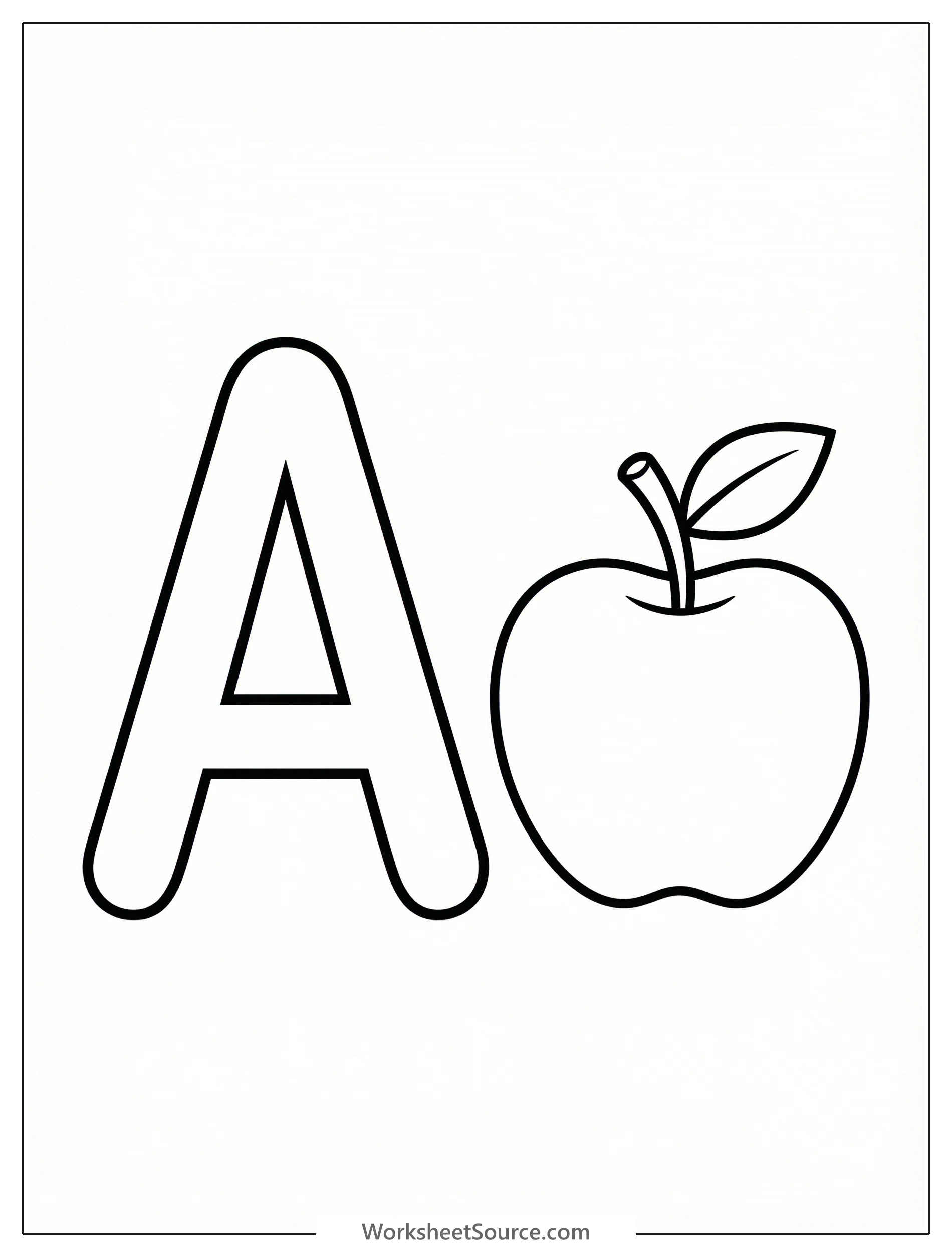 Black and white outline drawing of a large uppercase letter A with a detailed apple illustration positioned beside it, suitable for coloring.