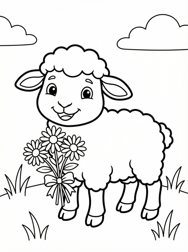 Free printable coloring page showing a lamb holding a daisy bouquet, perfect for kids to practice color recognition and fine motor skills
