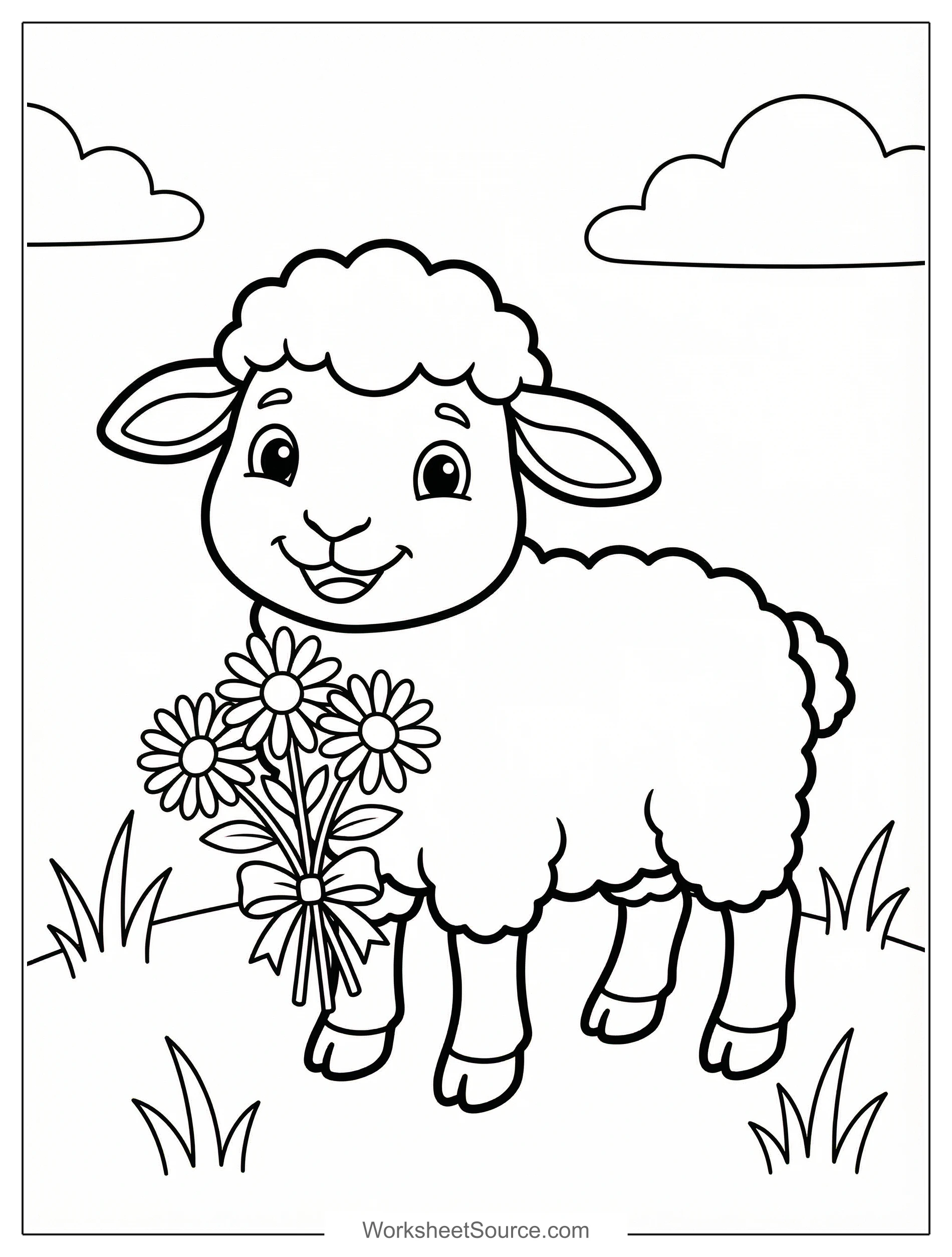 Free printable coloring page showing a lamb holding a daisy bouquet, perfect for kids to practice color recognition and fine motor skills