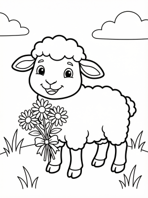 Free printable coloring page showing a lamb holding a daisy bouquet, perfect for kids to practice color recognition and fine motor skills