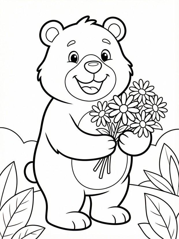 Free printable coloring page showing a cute bear holding a daisy bunch, perfect for kids to practice coloring and creativity