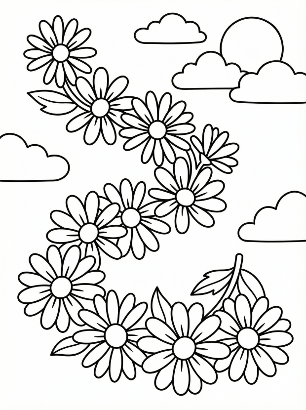 Free printable coloring page showing a daisy chain of flowers in a sky scene, perfect for kids to practice coloring and creativity