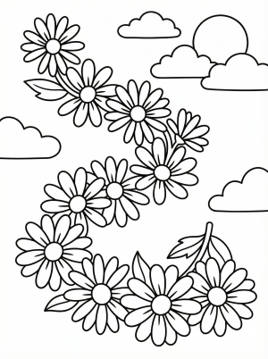 Free printable coloring page showing a daisy chain of flowers in a sky scene, perfect for kids to practice coloring and creativity