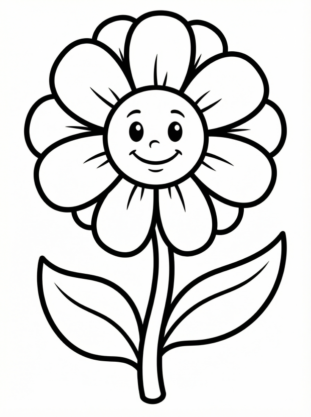 Free printable coloring page showing a smiling daisy face with petals and leaves, perfect for kids to practice coloring and creativity