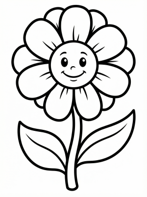 Free printable coloring page showing a smiling daisy face with petals and leaves, perfect for kids to practice coloring and creativity