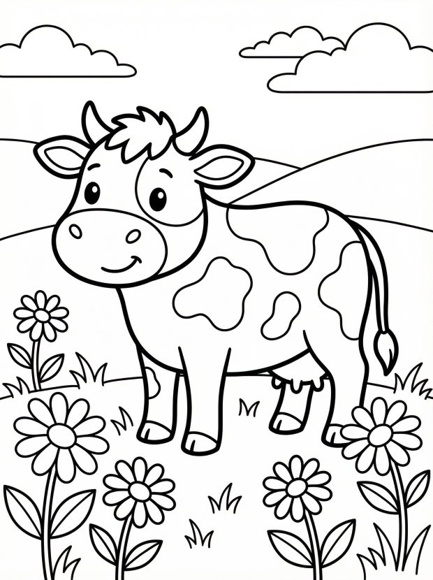 Free printable coloring page showing a daisy in grass with a smiling cow and flowers, perfect for kids to practice coloring and creativity