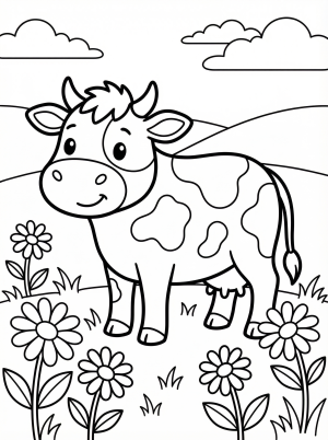Free printable coloring page showing a daisy in grass with a smiling cow and flowers, perfect for kids to practice coloring and creativity