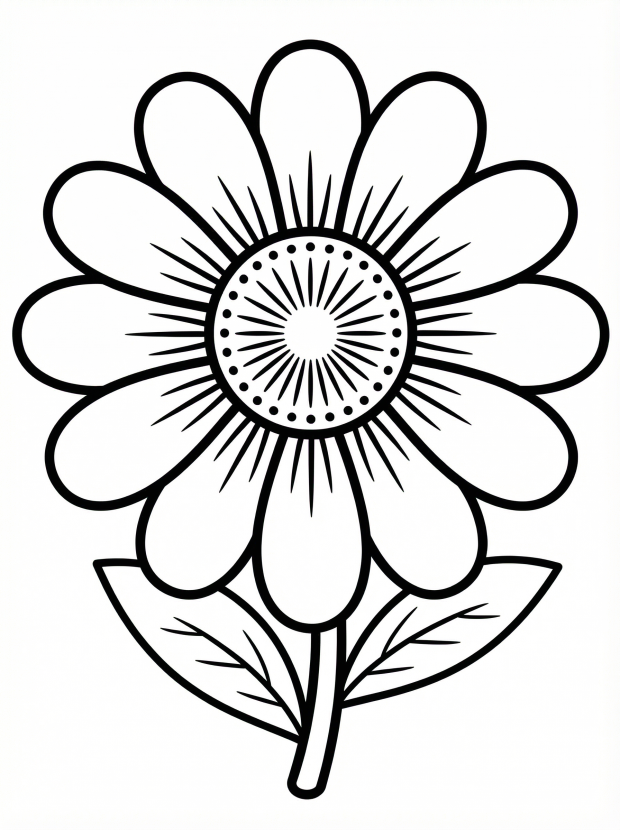 Free printable coloring page showing a daisy with a detailed center and leaves, perfect for kids to practice coloring and fine motor skills
