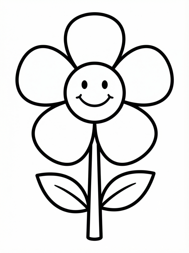 Free printable coloring page showing a simple smiling daisy with petals and leaves, perfect for kids to practice coloring and fine motor skills