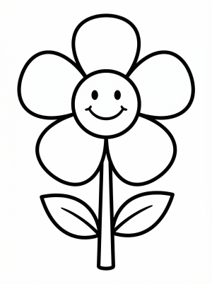 Free printable coloring page showing a simple smiling daisy with petals and leaves, perfect for kids to practice coloring and fine motor skills