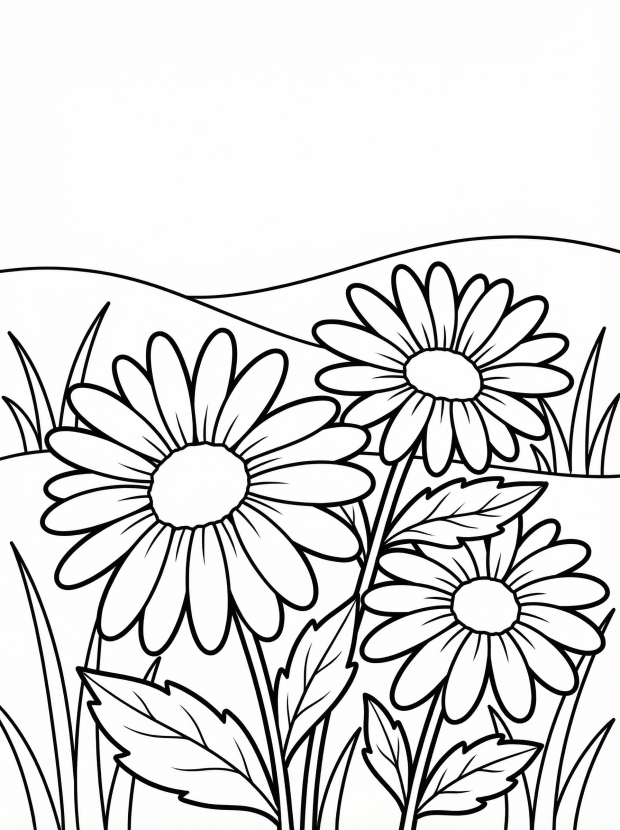 Free printable coloring page showing three wild daisies in a meadow, perfect for kids to practice coloring and learn about flowers