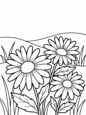 Free printable coloring page showing three wild daisies in a meadow, perfect for kids to practice coloring and learn about flowers