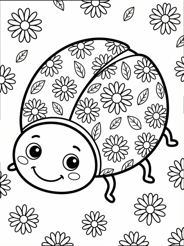 Free printable coloring page showing a floral pattern ladybug and flowers, perfect for kids to practice coloring and pattern recognition