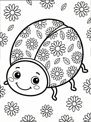 Free printable coloring page showing a floral pattern ladybug and flowers, perfect for kids to practice coloring and pattern recognition
