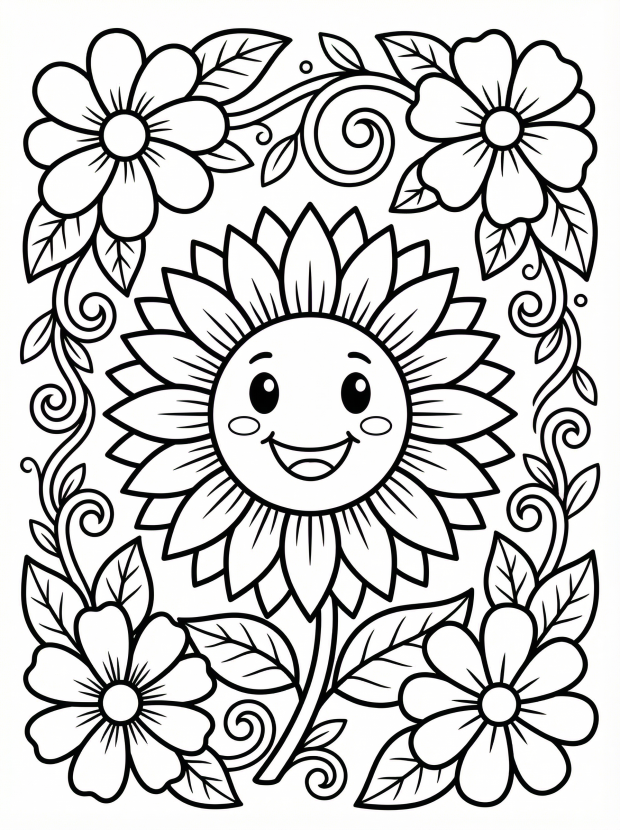 Free printable coloring page showing a smiling flower arrangement with blooms and leaves, perfect for kids to practice color recognition and creativity