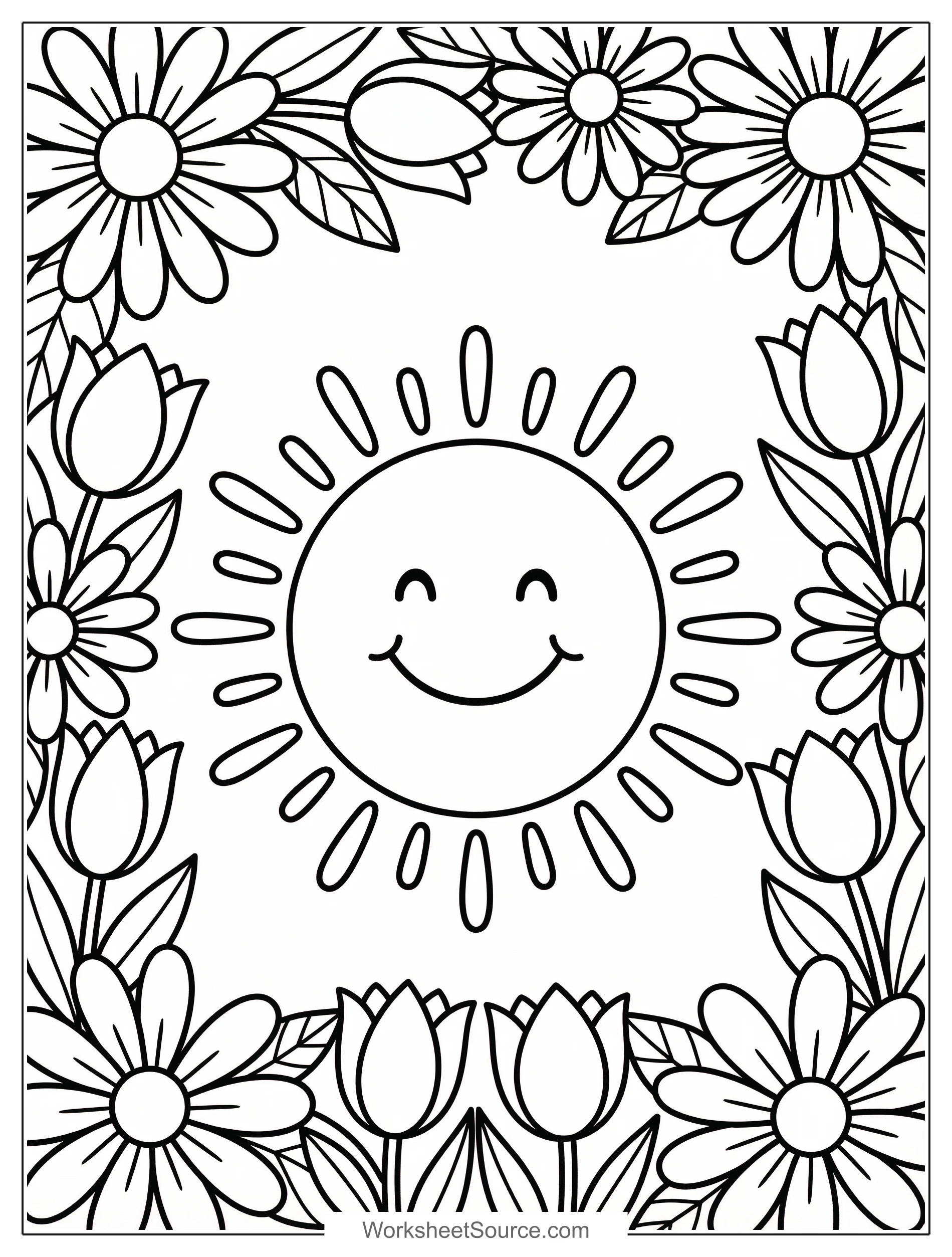 Free printable coloring page showing a smiling sun inside a floral frame, perfect for kids to practice coloring and creativity
