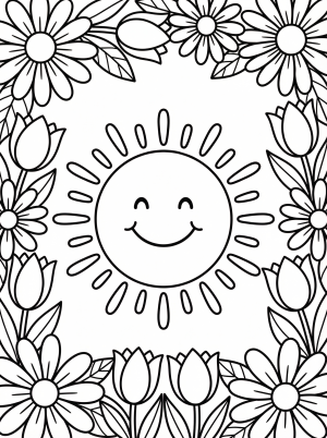 Free printable coloring page showing a smiling sun inside a floral frame, perfect for kids to practice coloring and creativity