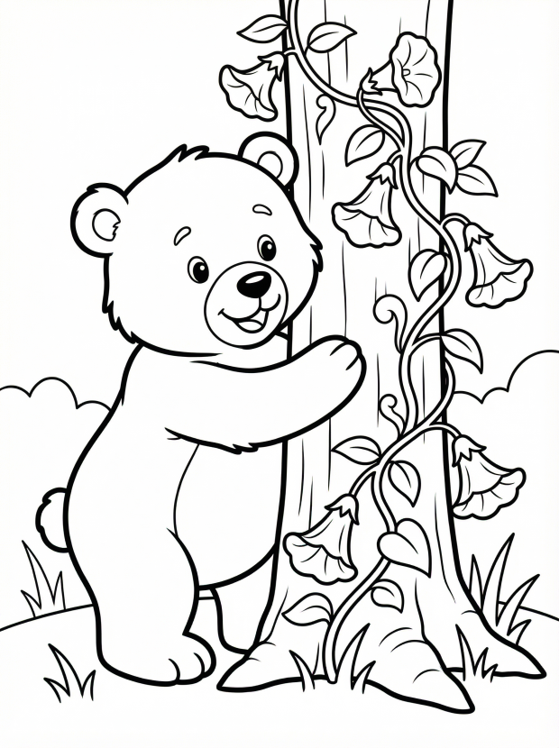 Free printable coloring page showing a flower vine wrapping a tree with blooms, perfect for kids to practice coloring and pattern recognition