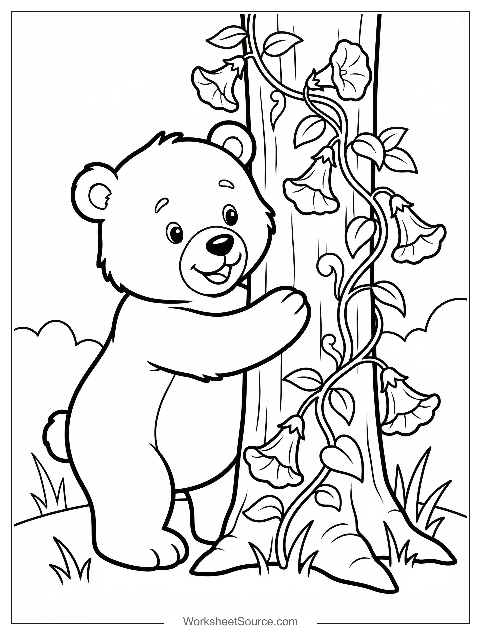 Free printable coloring page showing a flower vine wrapping a tree with blooms, perfect for kids to practice coloring and pattern recognition