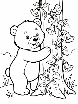 Free printable coloring page showing a flower vine wrapping a tree with blooms, perfect for kids to practice coloring and pattern recognition