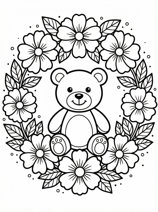 Free printable coloring page showing a flower wreath with a teddy bear in the center, perfect for kids to practice coloring and creativity