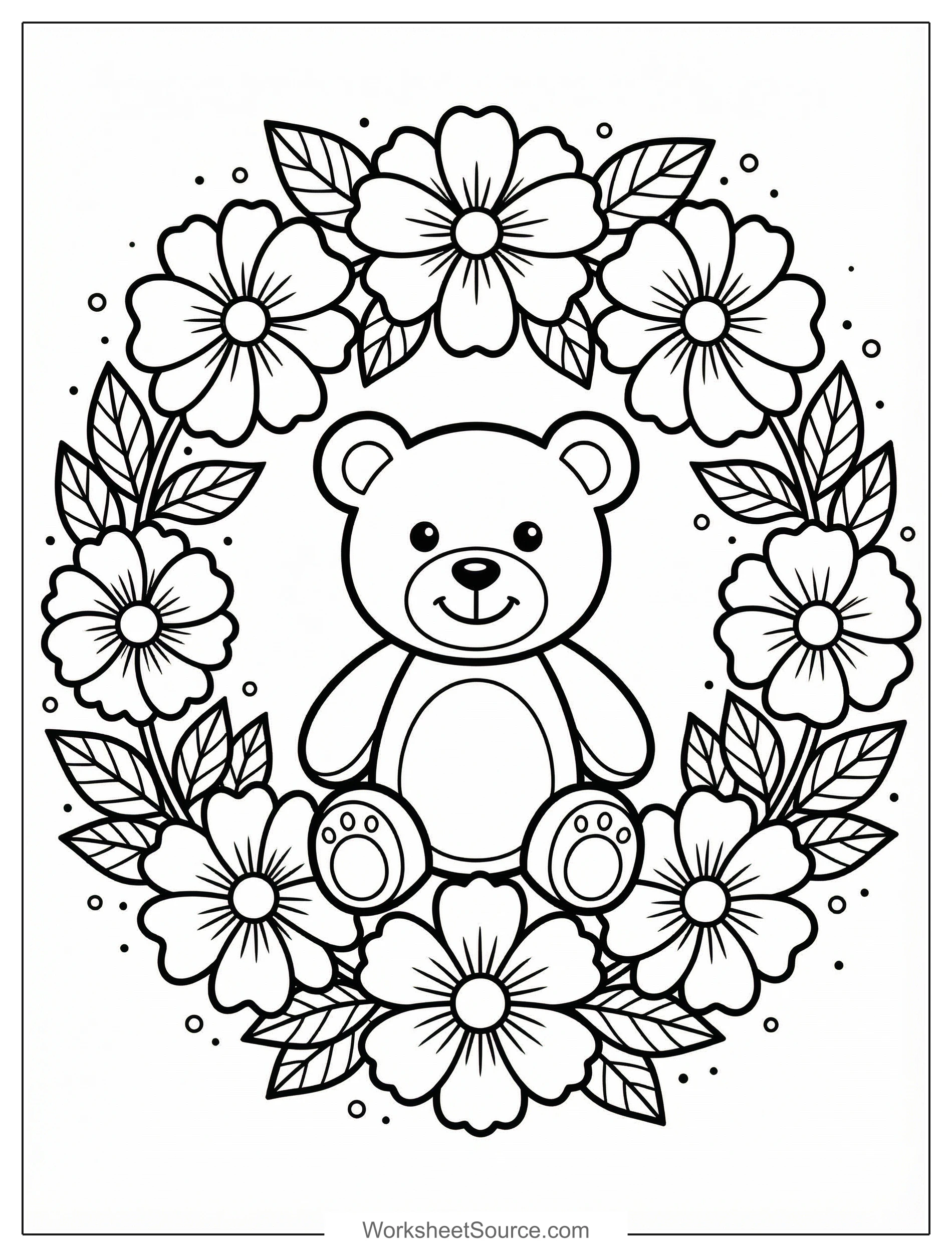 Free printable coloring page showing a flower wreath with a teddy bear in the center, perfect for kids to practice coloring and creativity