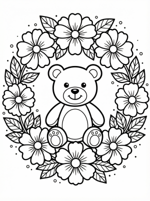Free printable coloring page showing a flower wreath with a teddy bear in the center, perfect for kids to practice coloring and creativity