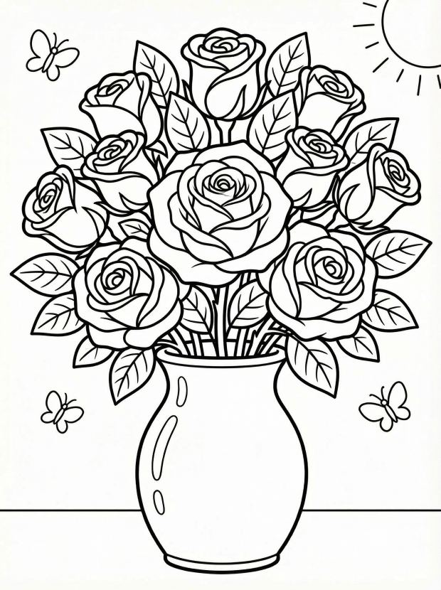 Free printable coloring page showing a vase of roses and butterflies, perfect for kids to practice creativity and fine motor skills