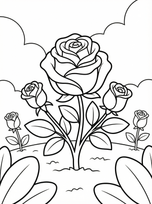 Free printable coloring page showing a rose garden with blooming roses and leaves, perfect for kids to practice focus and creative coloring