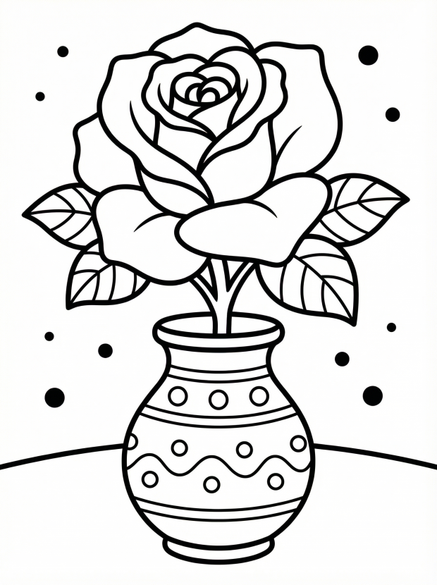 Free printable coloring page showing a rose in a vase with leaves and dots, perfect for kids to practice coloring and creativity