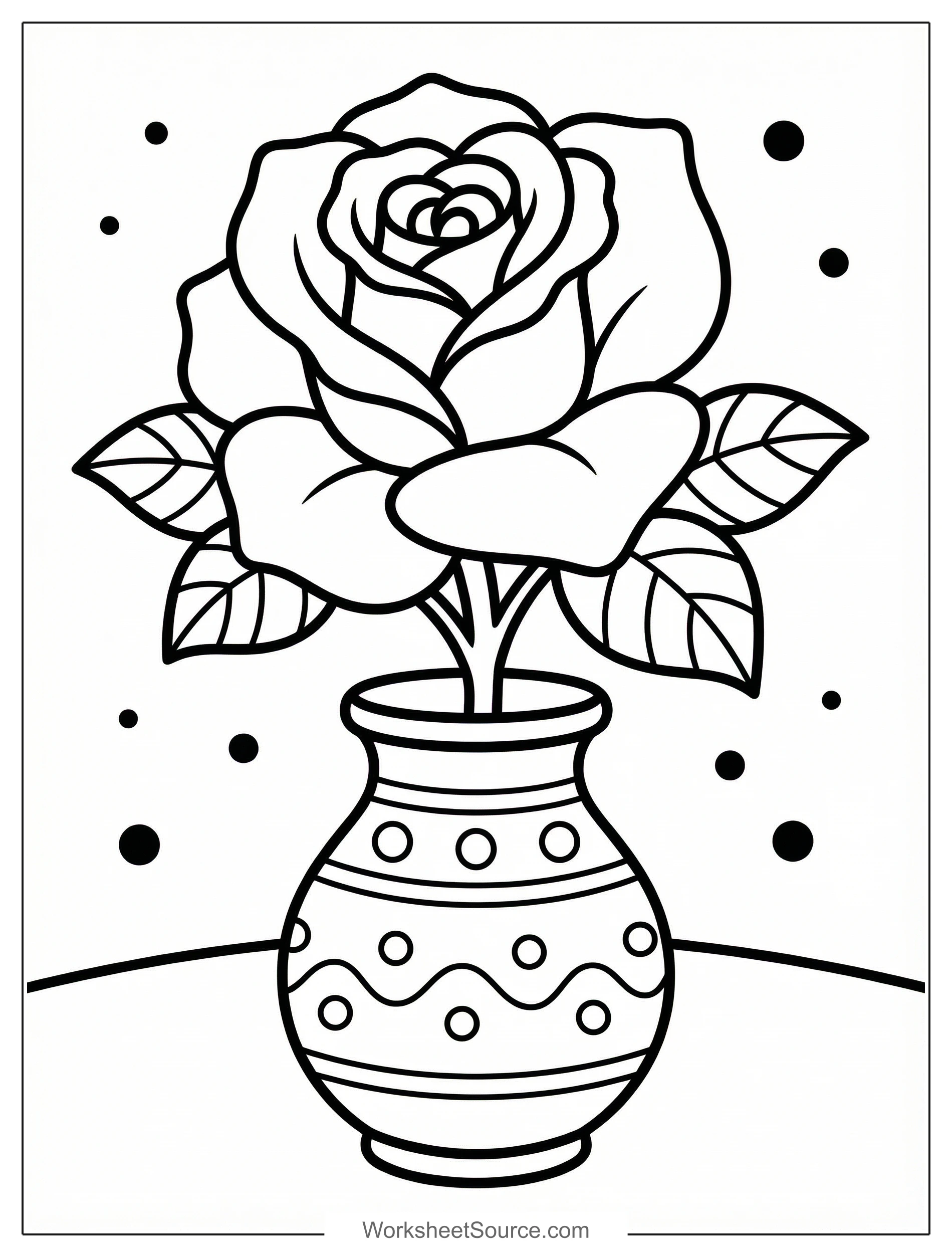 Free printable coloring page showing a rose in a vase with leaves and dots, perfect for kids to practice coloring and creativity
