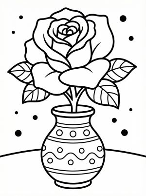Free printable coloring page showing a rose in a vase with leaves and dots, perfect for kids to practice coloring and creativity