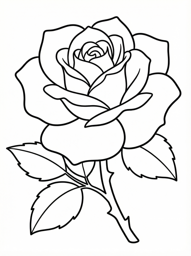Free printable coloring page showing a detailed rose with petals and leaves, perfect for kids to practice creativity and fine motor skills