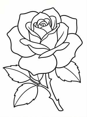 Free printable coloring page showing a detailed rose with petals and leaves, perfect for kids to practice creativity and fine motor skills