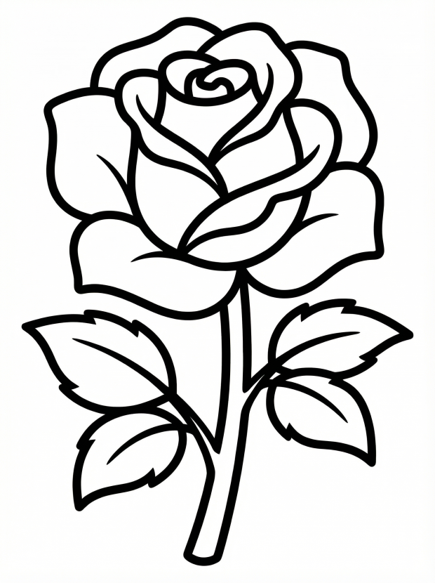 Free printable coloring page showing a rose with stem and leaves, perfect for kids to practice coloring and creativity
