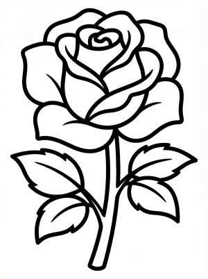 Free printable coloring page showing a rose with stem and leaves, perfect for kids to practice coloring and creativity