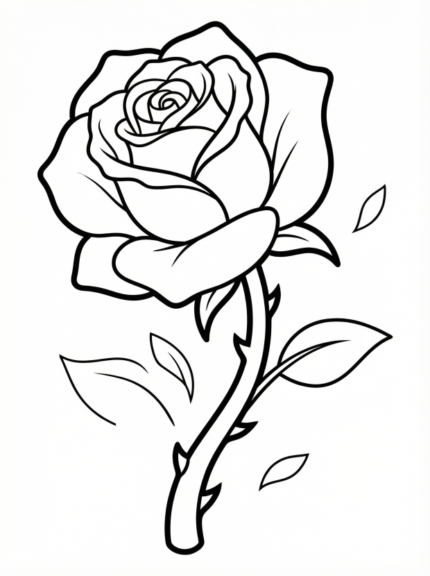 Free printable coloring page showing a rose with thorns and leaves, perfect for kids to practice coloring and fine motor skills