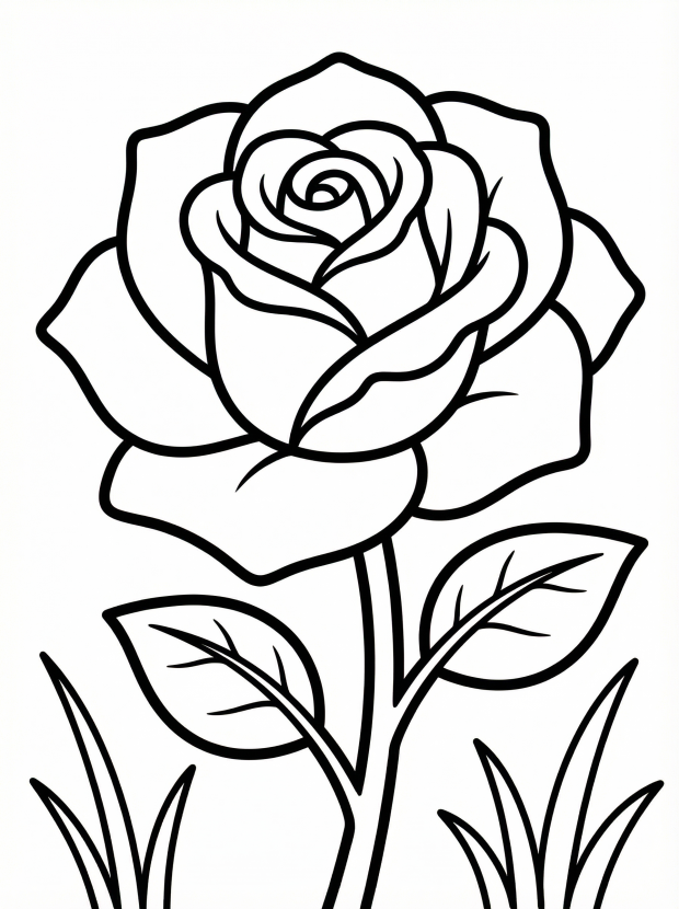 Free printable coloring page showing a single rose bloom with leaves and grass, perfect for kids to practice coloring and fine motor skills