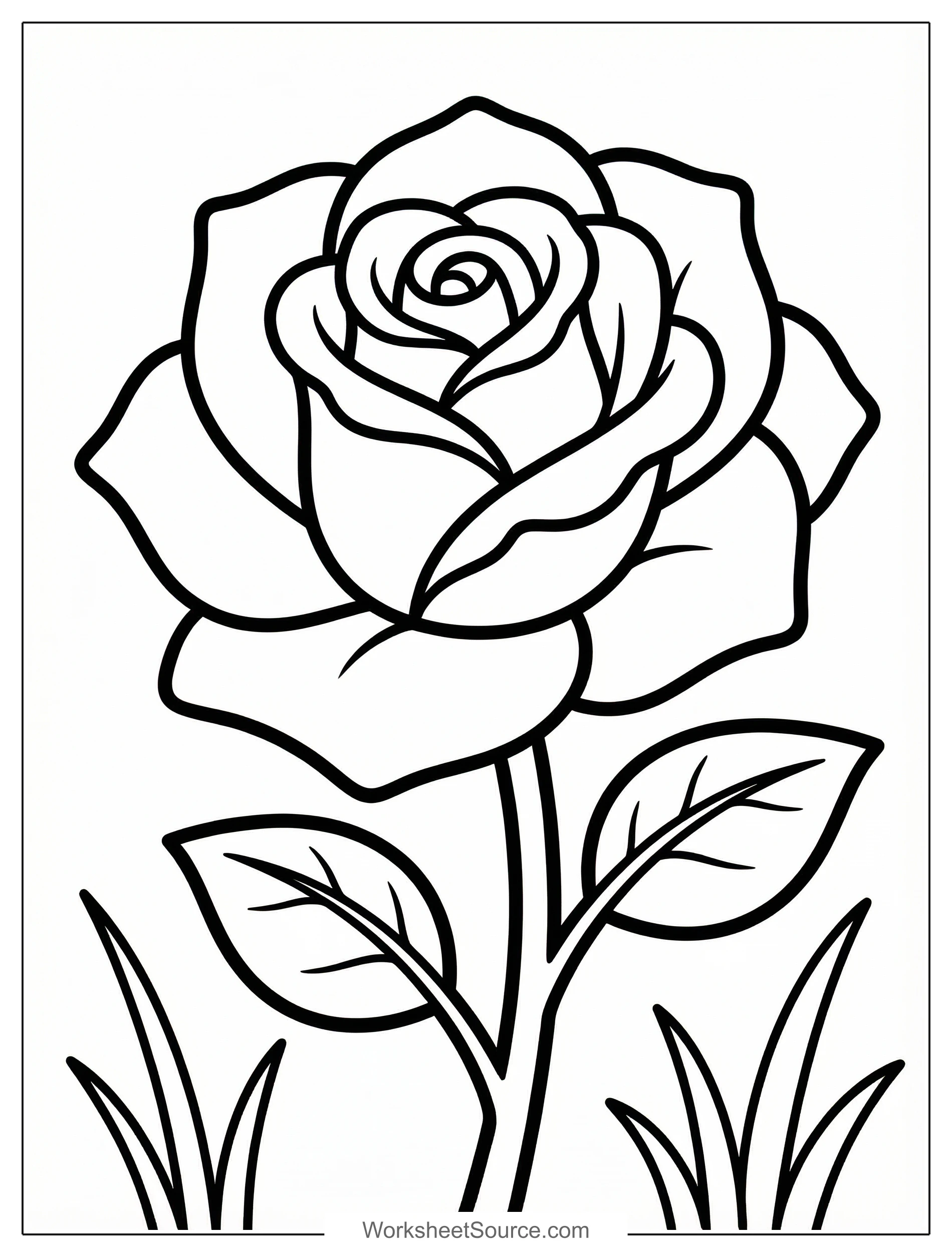 Free printable coloring page showing a single rose bloom with leaves and grass, perfect for kids to practice coloring and fine motor skills