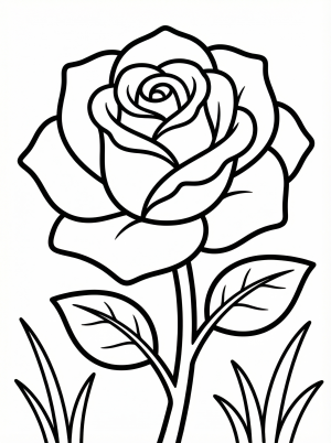 Free printable coloring page showing a single rose bloom with leaves and grass, perfect for kids to practice coloring and fine motor skills