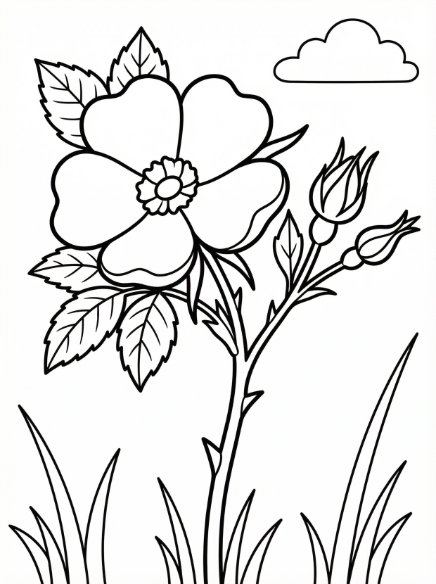 Free printable coloring page showing a wild rose blossom with buds and leaves, perfect for kids to practice coloring and learn about flowers