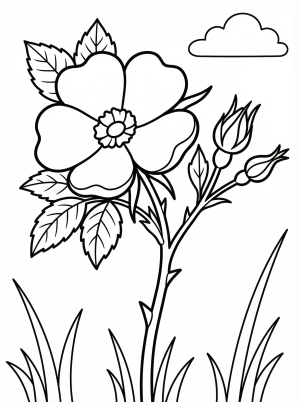 Free printable coloring page showing a wild rose blossom with buds and leaves, perfect for kids to practice coloring and learn about flowers