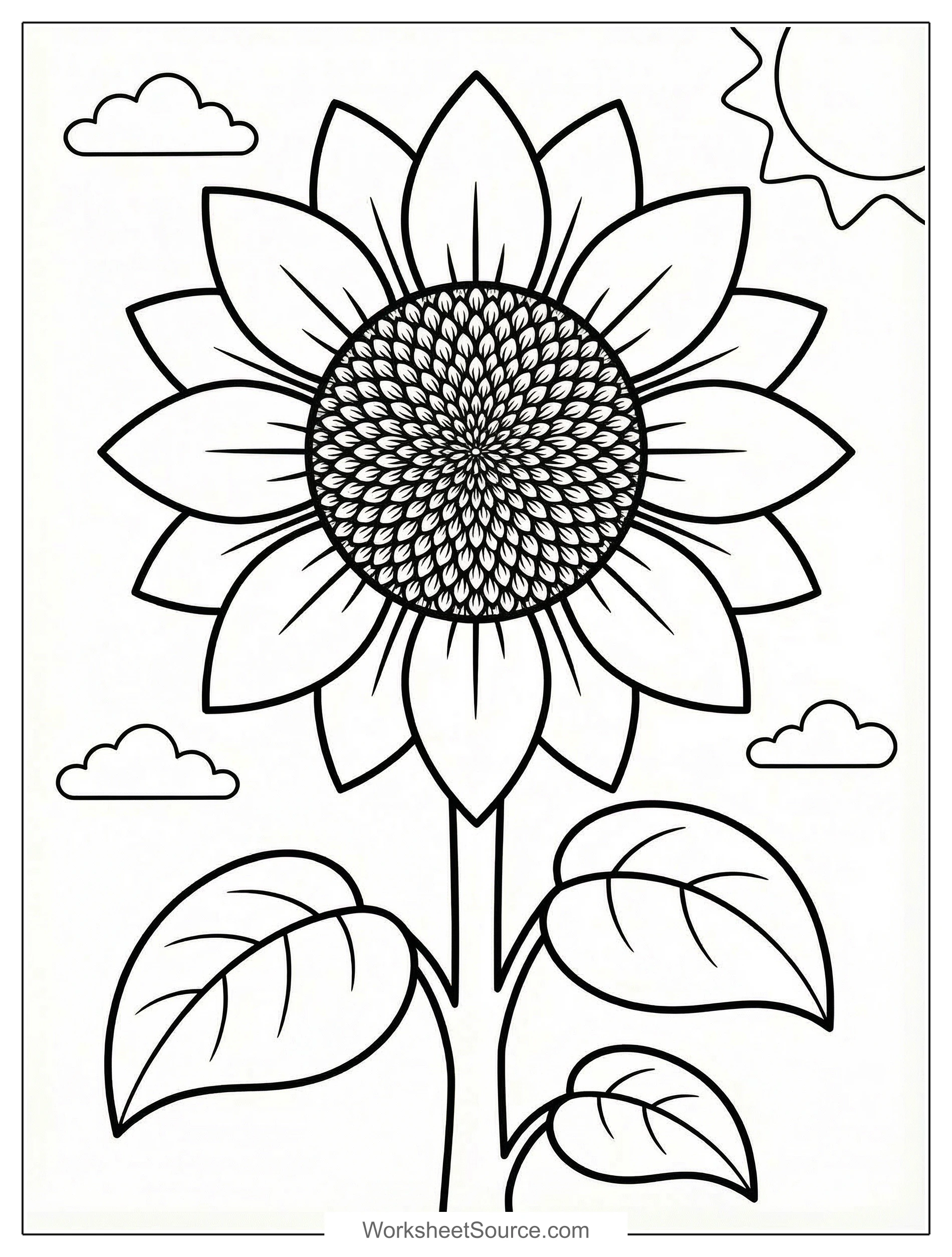 Free printable coloring page showing a giant sunflower with petals, leaves, and sun, perfect for kids to practice coloring and focus skills
