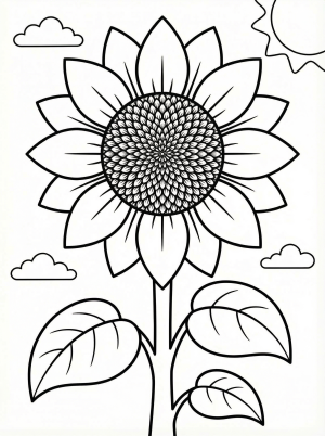 Free printable coloring page showing a giant sunflower with petals, leaves, and sun, perfect for kids to practice coloring and focus skills