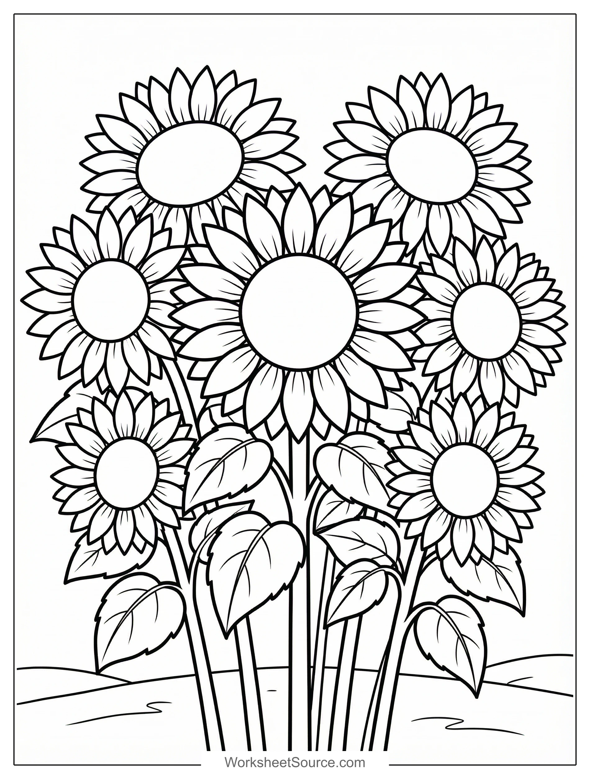 Free printable coloring page showing a bunch of sunflowers with leaves and stems, perfect for kids to practice coloring and learn about flowers